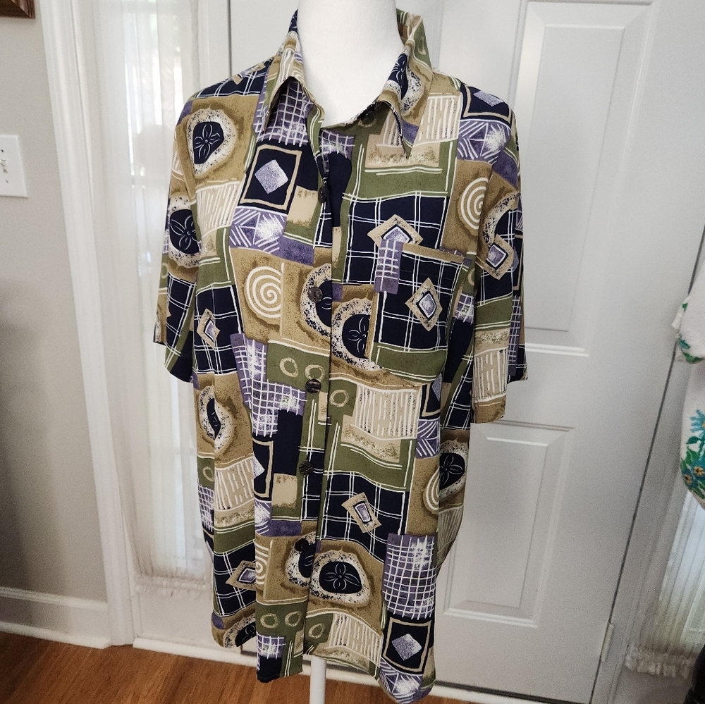 1970s Polyester Short Sleeve Abstract Blouse Size 14